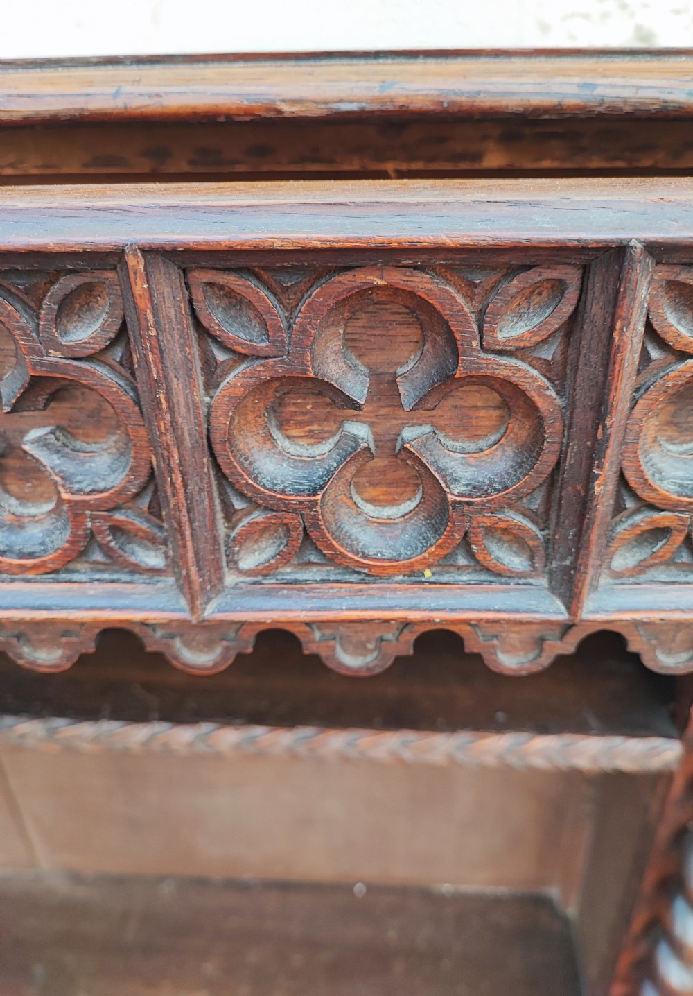 Antique gothic Oak low open bookcase. View VI