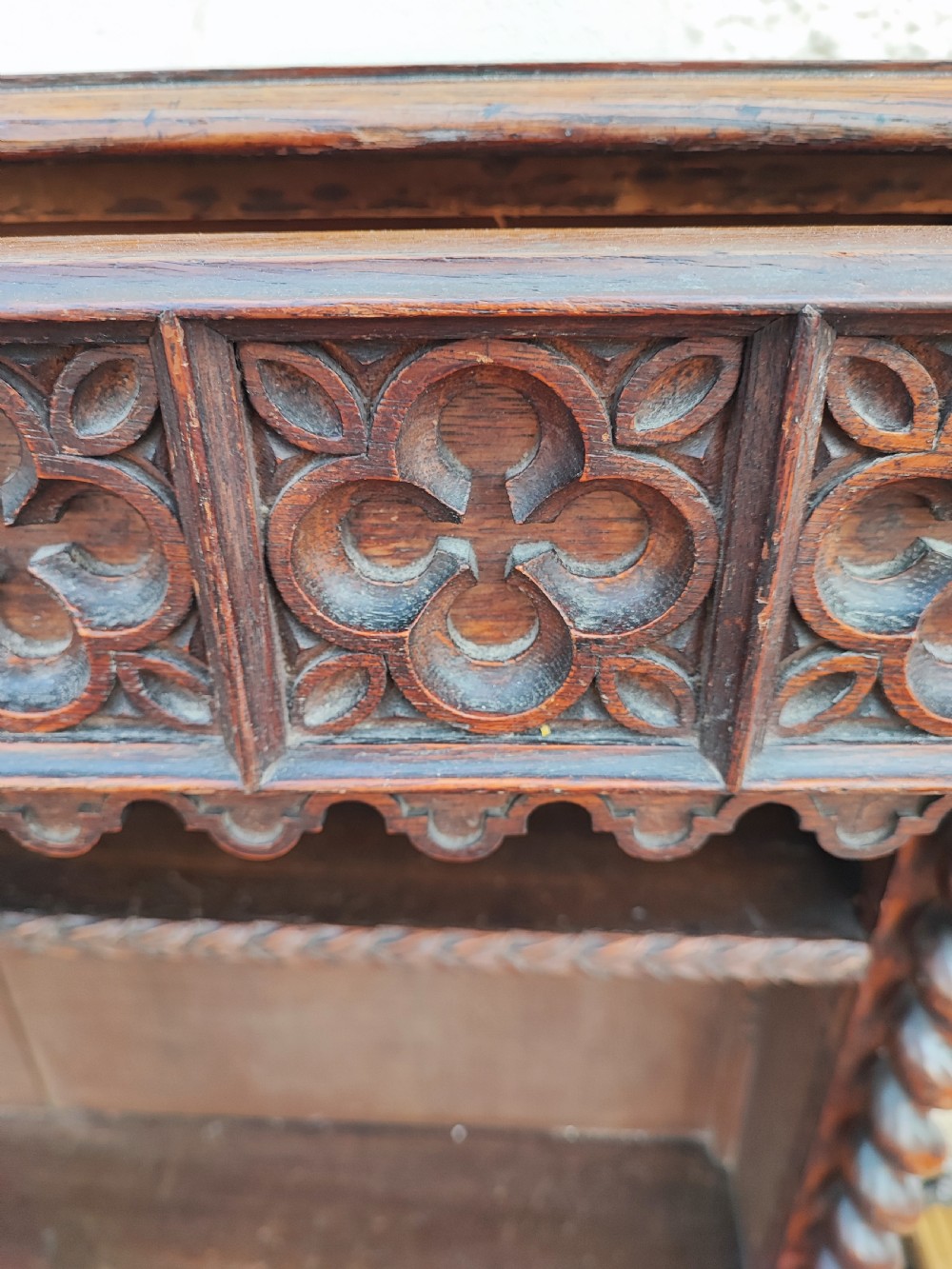 Antique gothic Oak low open bookcase. View IX