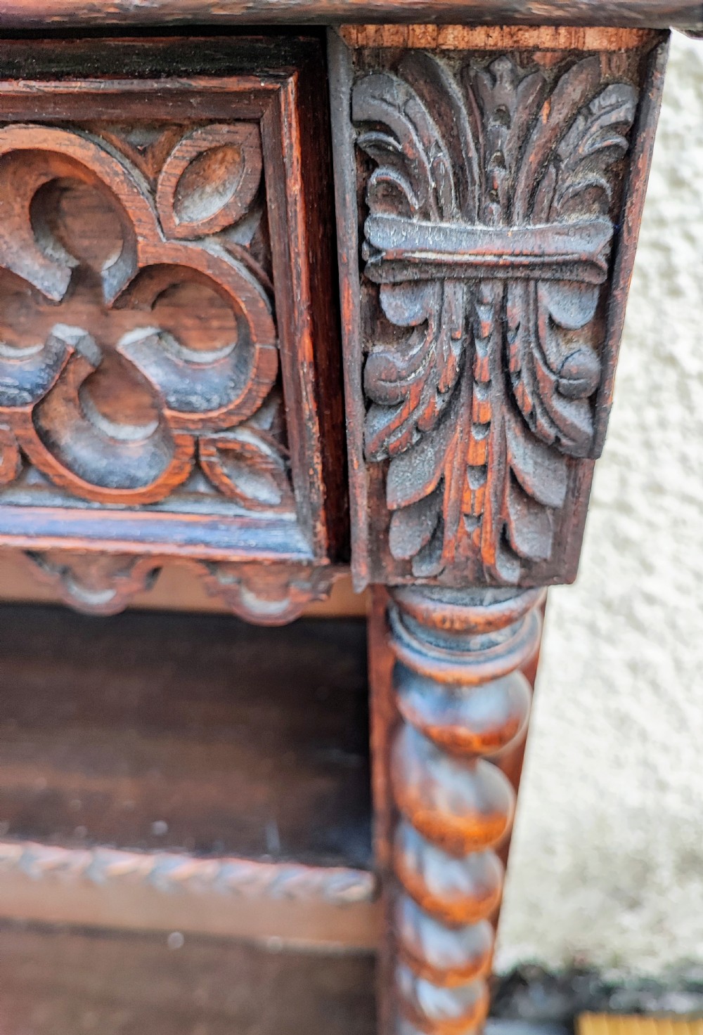 Antique gothic Oak low open bookcase. View X