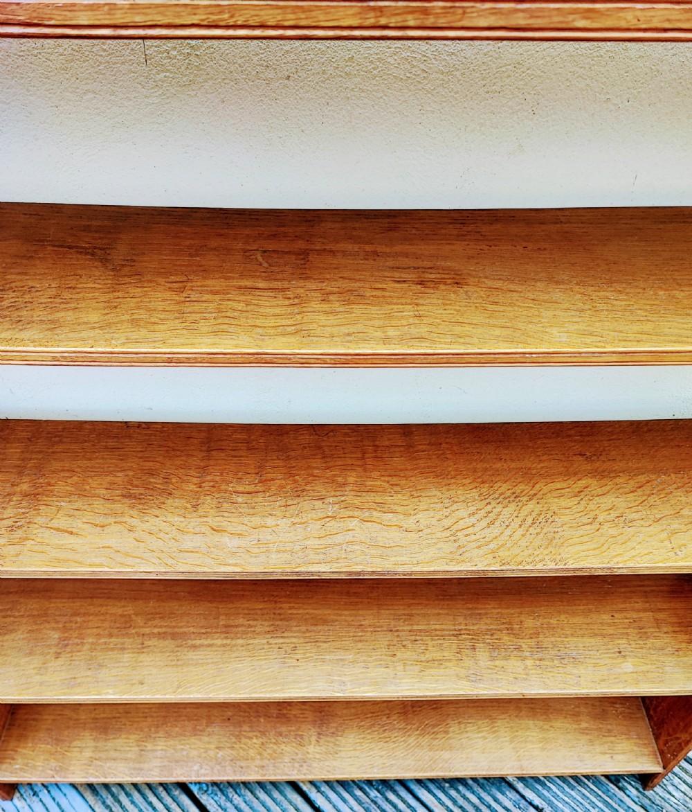 Edwardian golden oak open bookcase. View IV