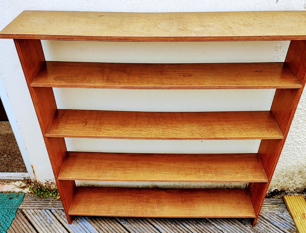 Edwardian golden oak open bookcase. View V