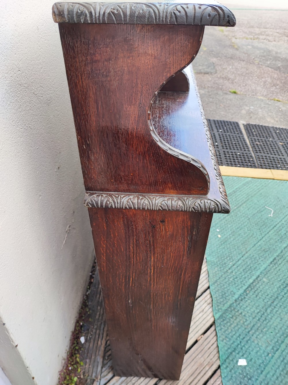 Antique carved oak open bookcase. View II