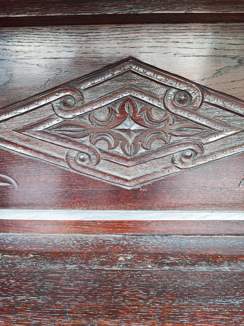 Antique carved oak open bookcase. View III