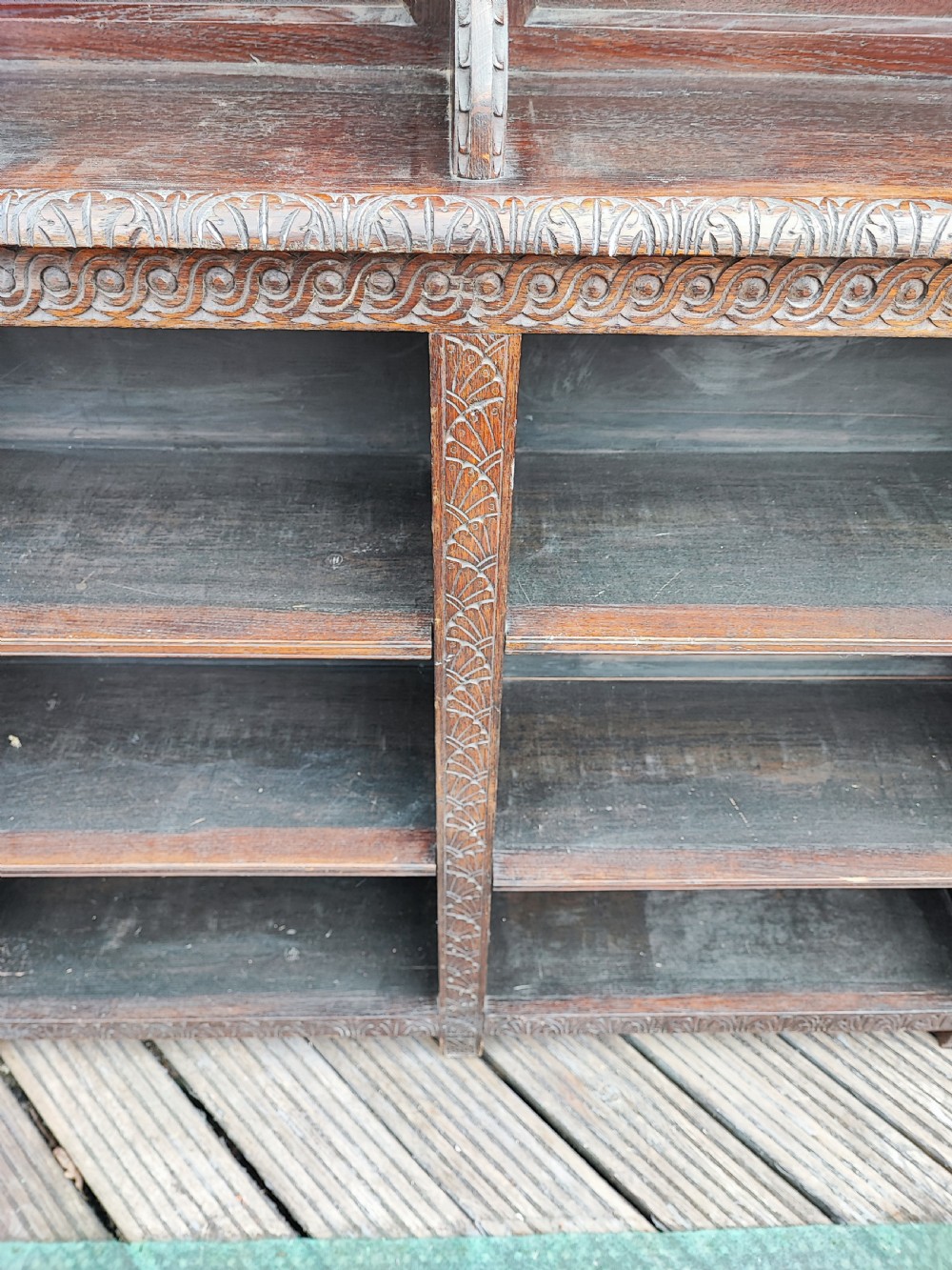 Antique carved oak open bookcase. View IV