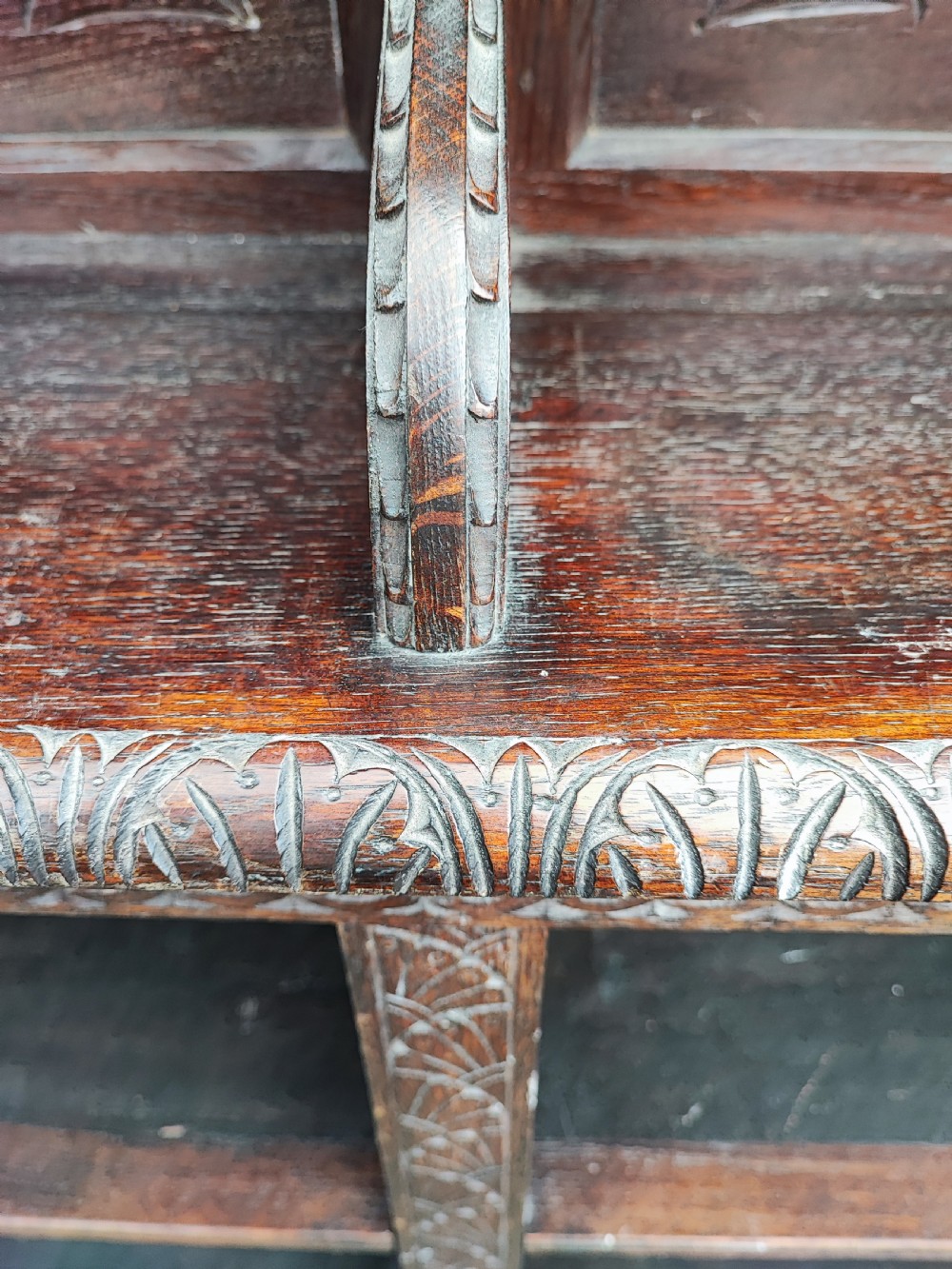 Antique carved oak open bookcase. View V
