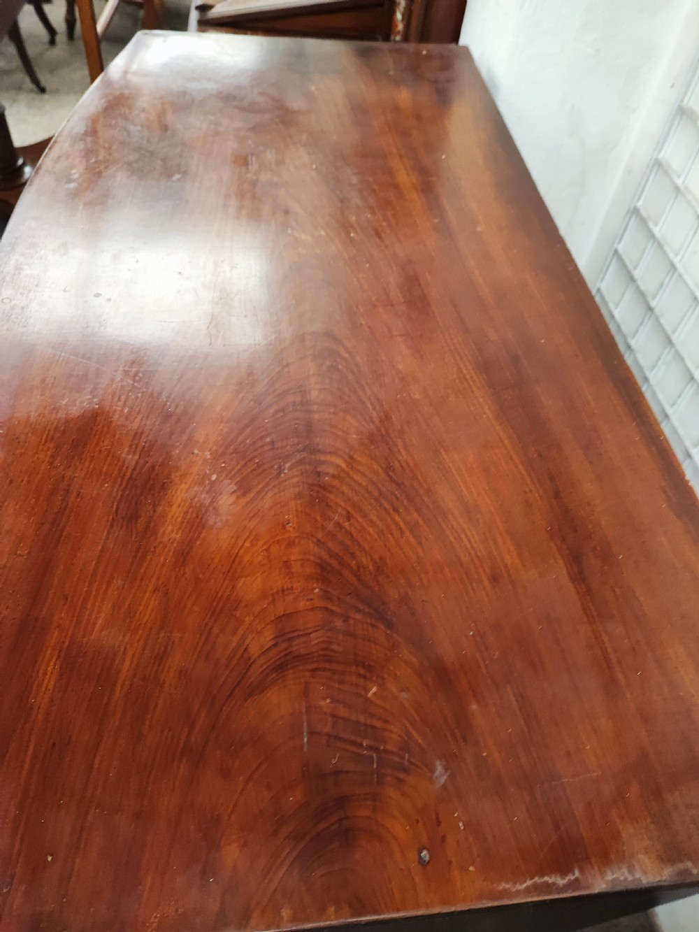 Antique mahogany bow front chest of drawers. View V