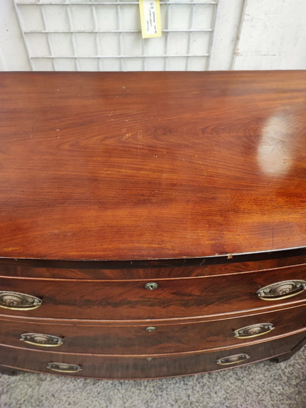 Antique mahogany bow front chest of drawers. View VI