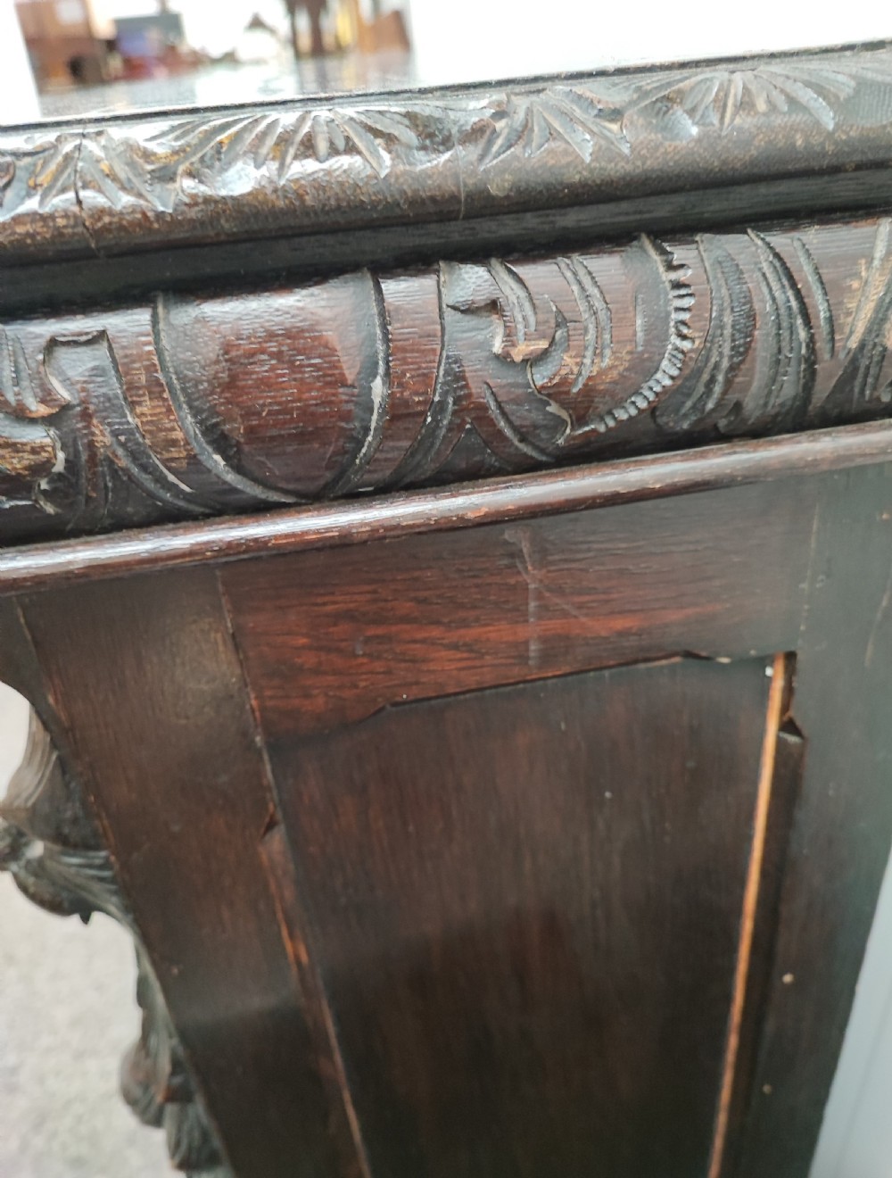 Victorian carved oak open bookcase. View II