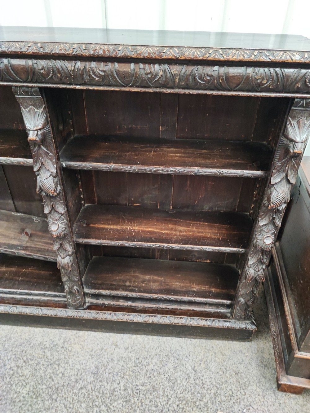 Victorian carved oak open bookcase. View III