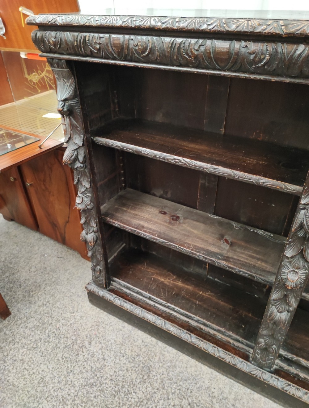 Victorian carved oak open bookcase. View IV