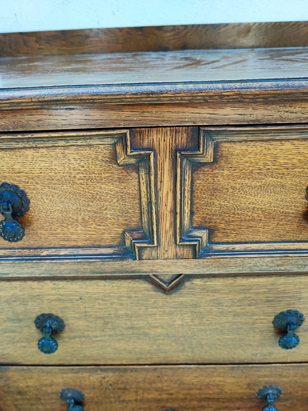 Antique solid oak Jacobean style chest of drawers. View V