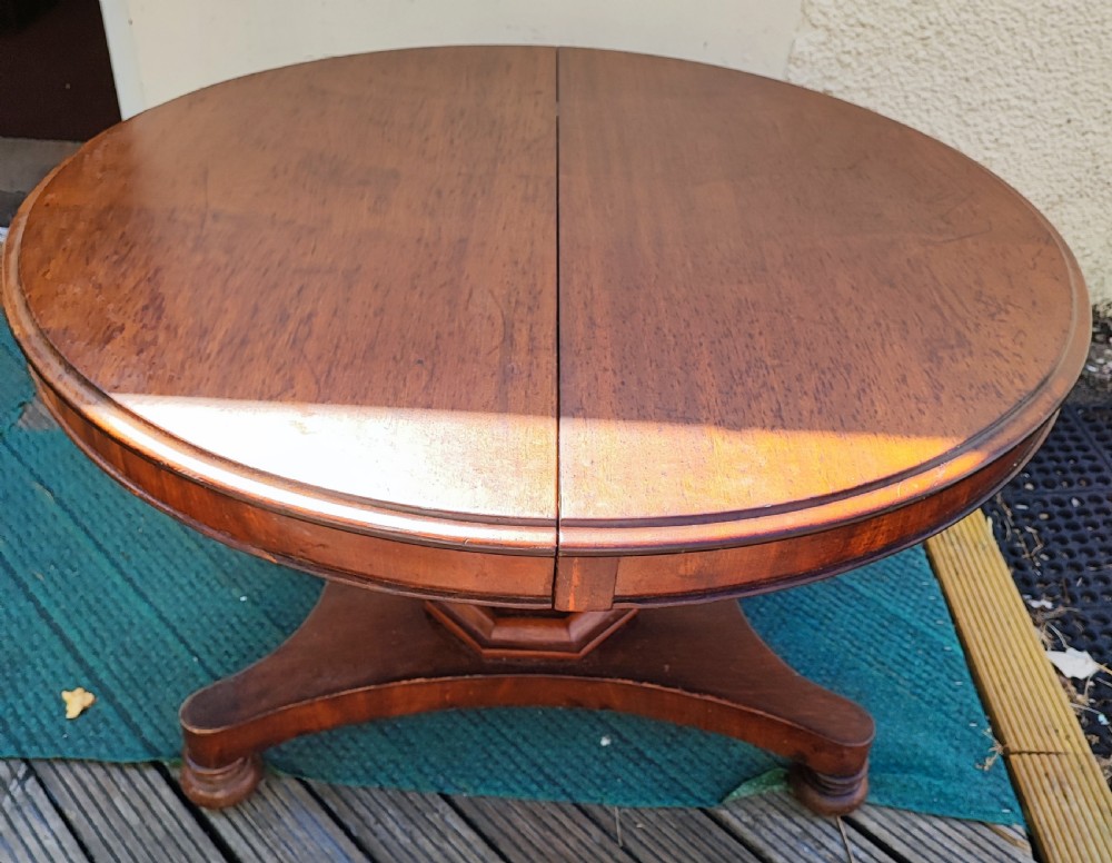 Antique mahogany circular extending dining table. View IX