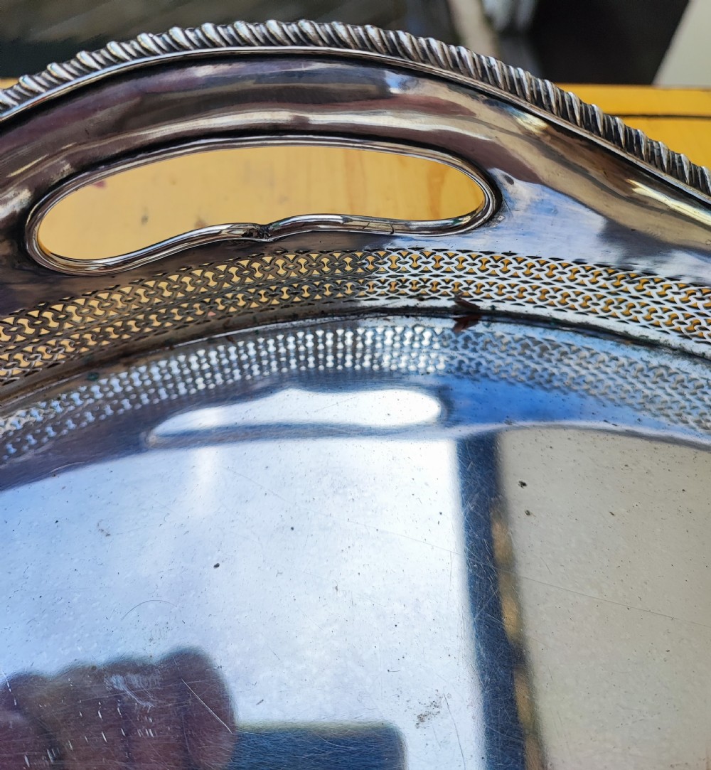 Antique Sheffield plate galleried serving tray of a large size. View VI