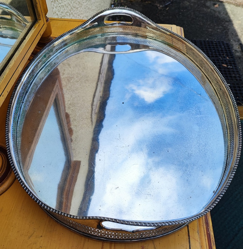 Antique Sheffield plate galleried serving tray of a large size. View VII