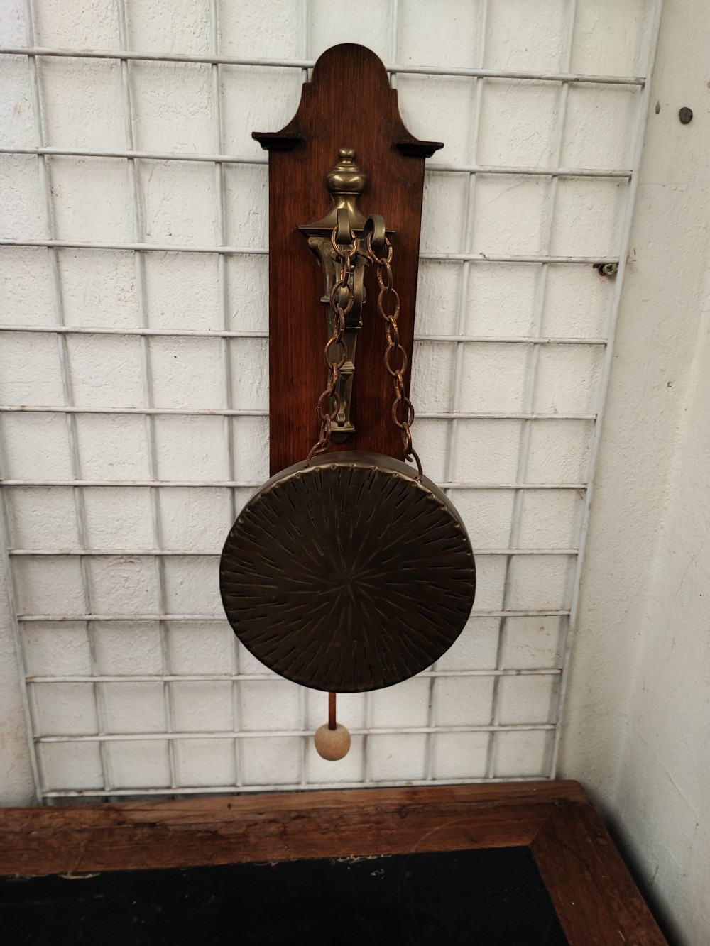 Antique oak and brass dinner gong. View V