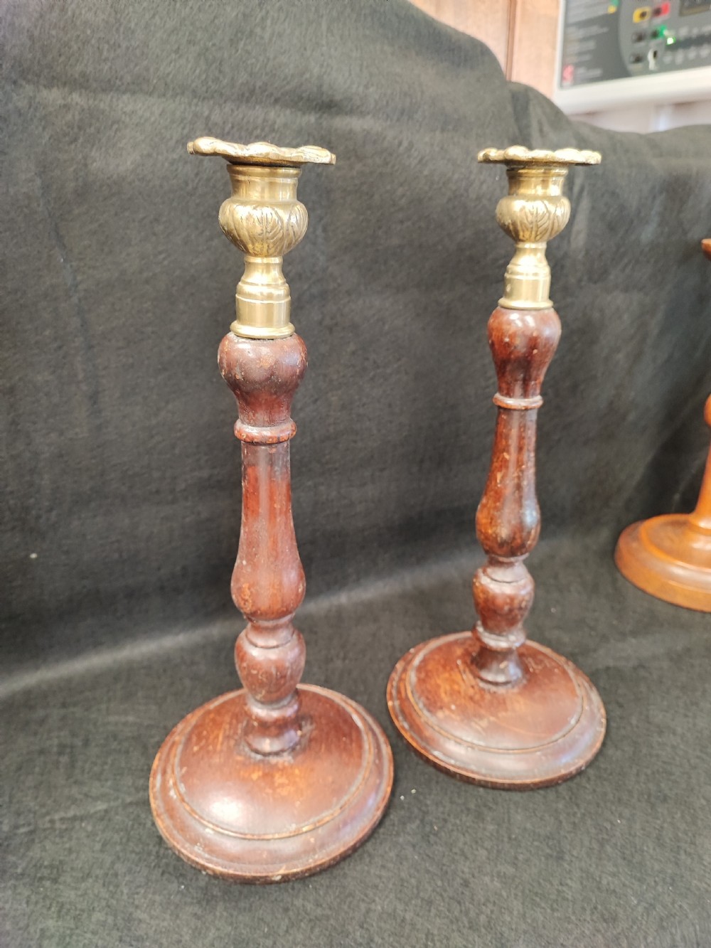 Antique pair of Victorian cast brass and oak candlesticks  View III