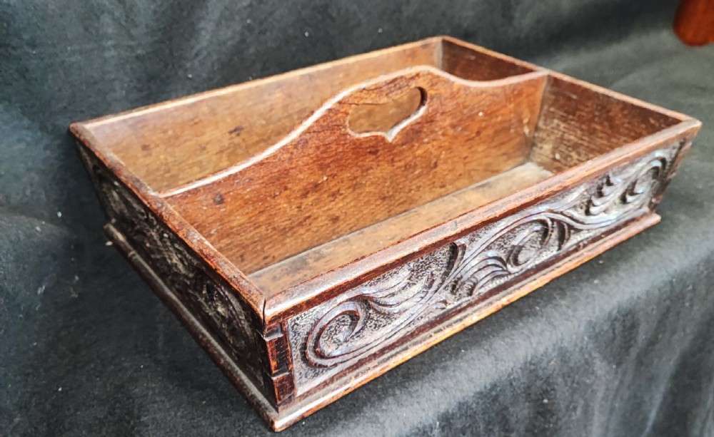 Georgian carved oak cutlery tray  View V