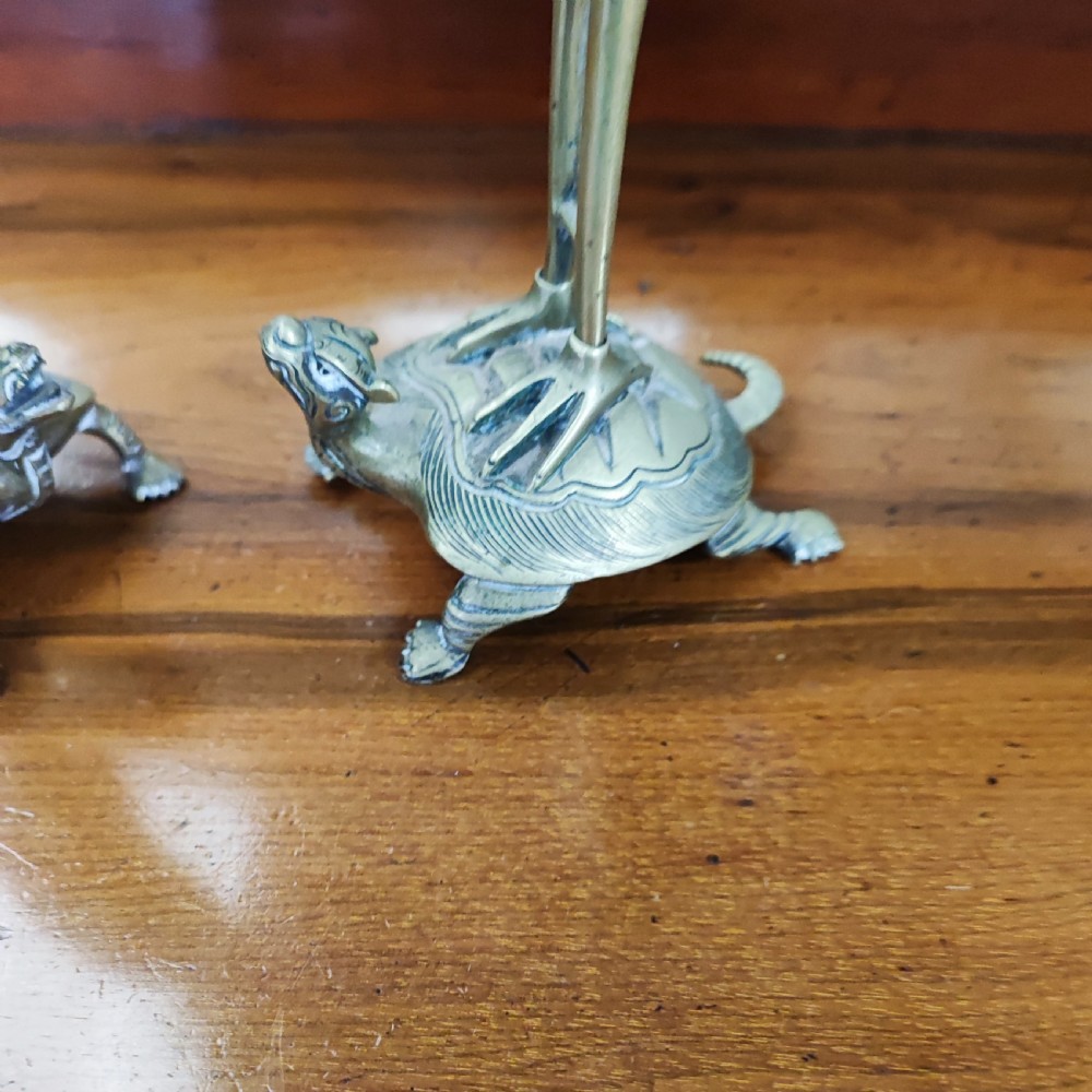 Antique pair of Chinese brass candle sticks  View V