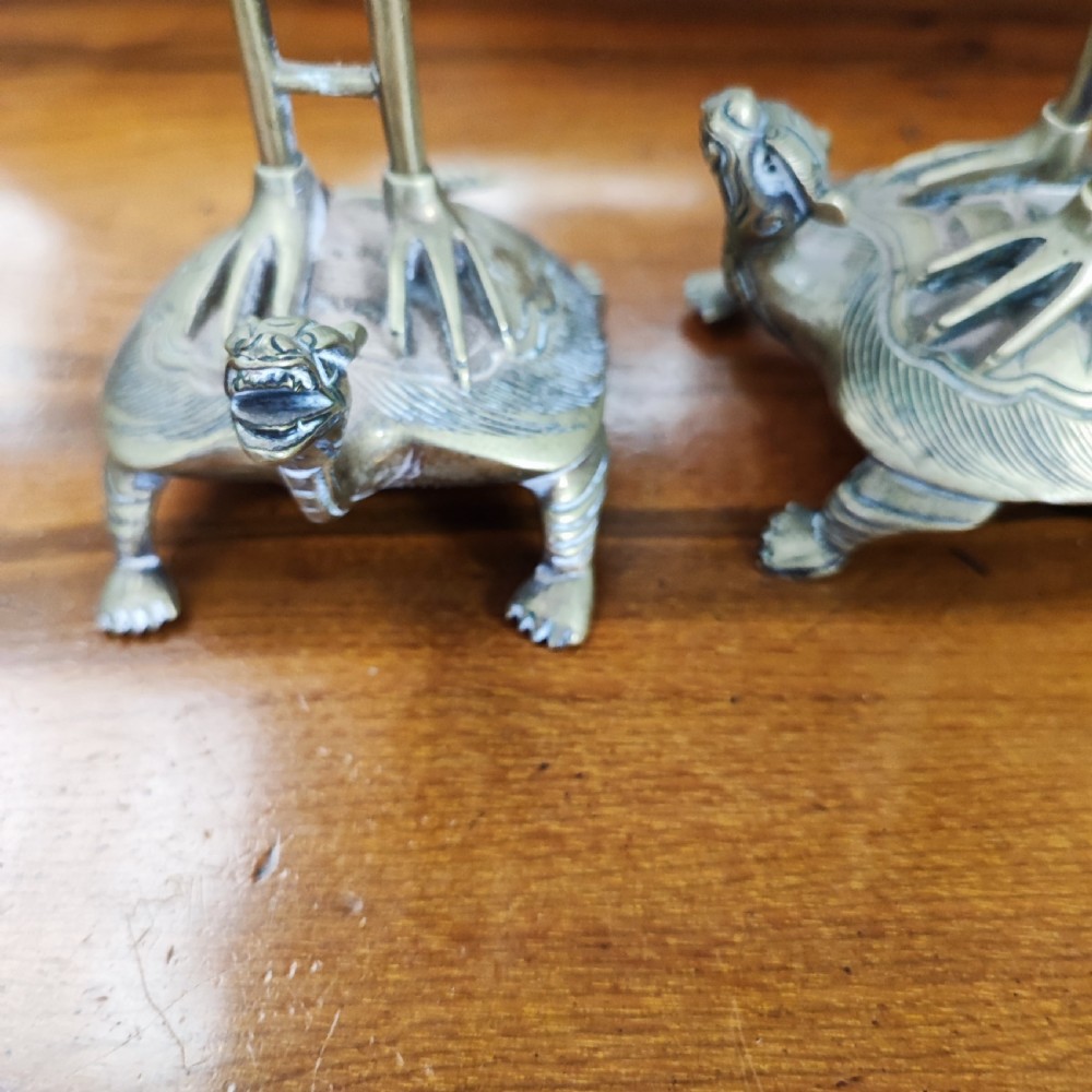 Antique pair of Chinese brass candle sticks  View VIII