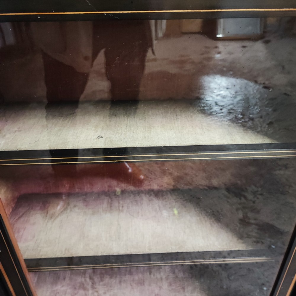 A black ebonised Victorian display cabinet featuring a central glazed door, gilt metal mounts, stringing inlay, and three porcelain plaques. View V