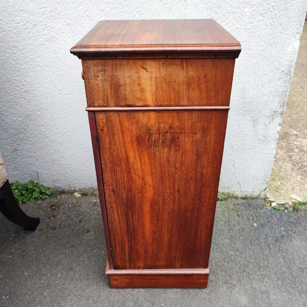 A tall, narrow mahogany pedestal bedside cabinet featuring a top drawer with turned wooden knobs above a single panelled cupboard door resting on a solid plinth base. View III
