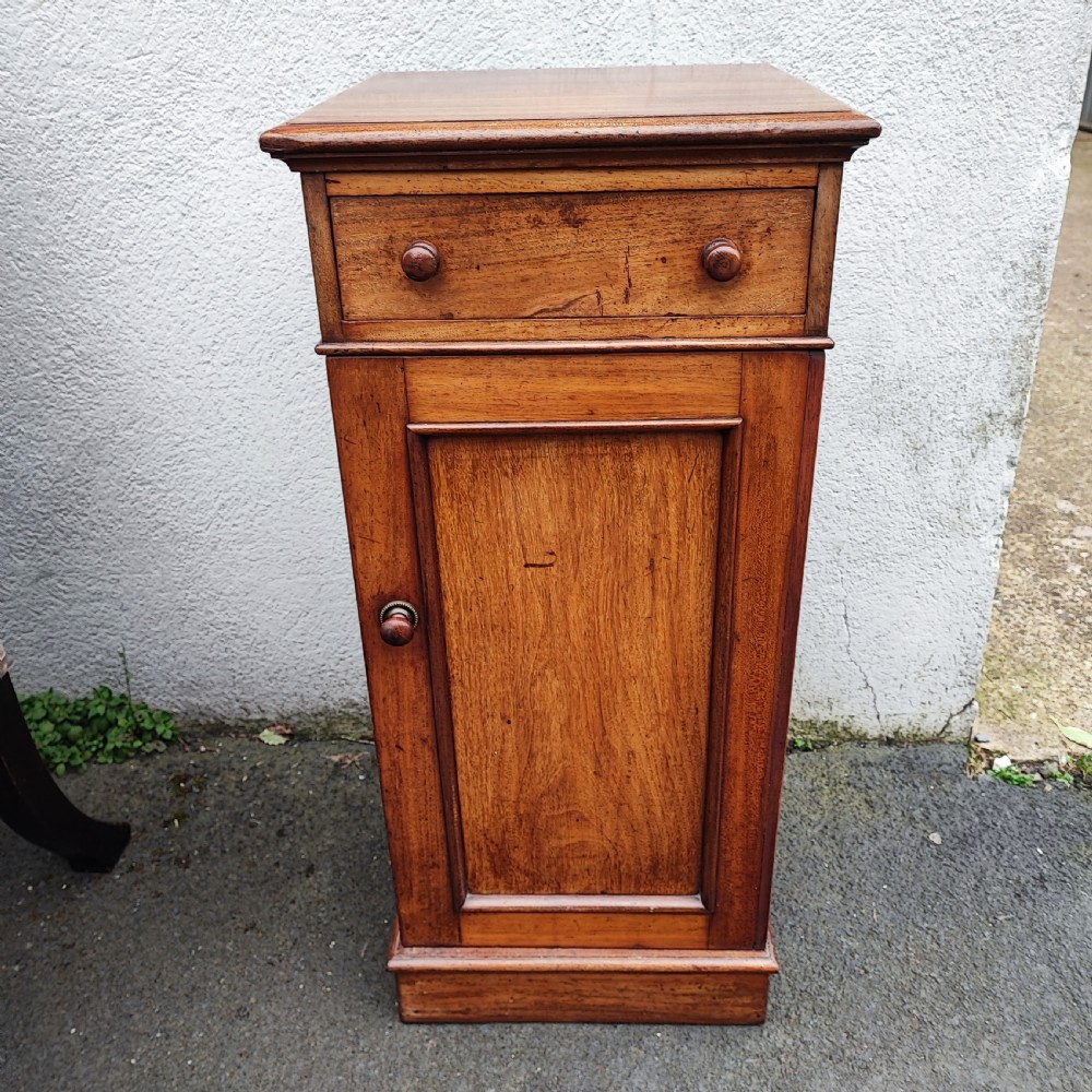 A tall, narrow mahogany pedestal bedside cabinet featuring a top drawer with turned wooden knobs above a single panelled cupboard door resting on a solid plinth base. View IV