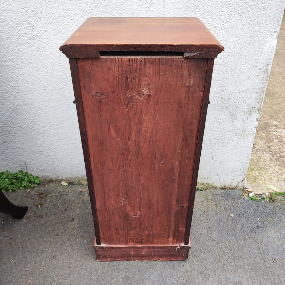 A tall, narrow mahogany pedestal bedside cabinet featuring a top drawer with turned wooden knobs above a single panelled cupboard door resting on a solid plinth base. View VI