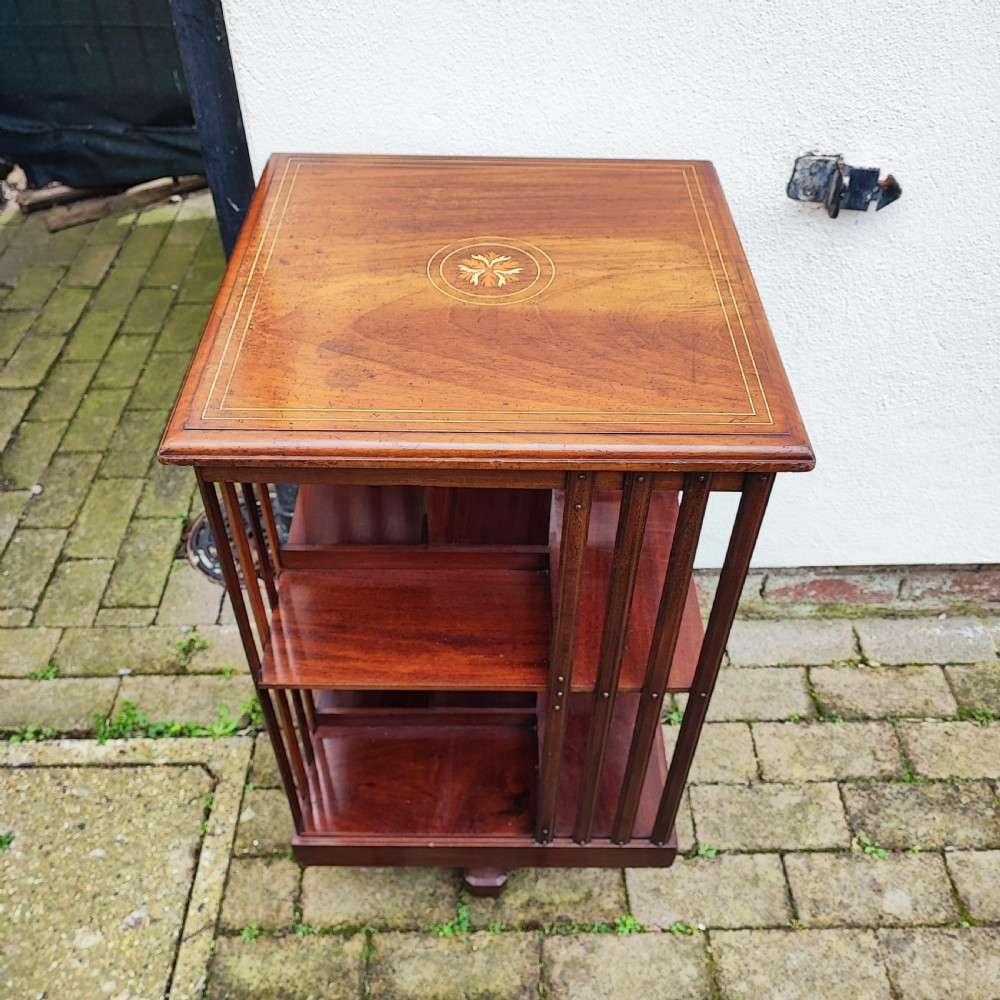 Antique quality mahogany inlaid revolving bookcase 