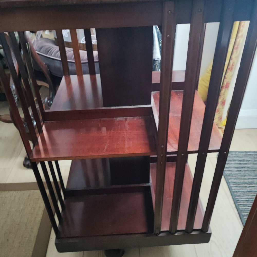 Antique quality mahogany inlaid revolving bookcase  View II