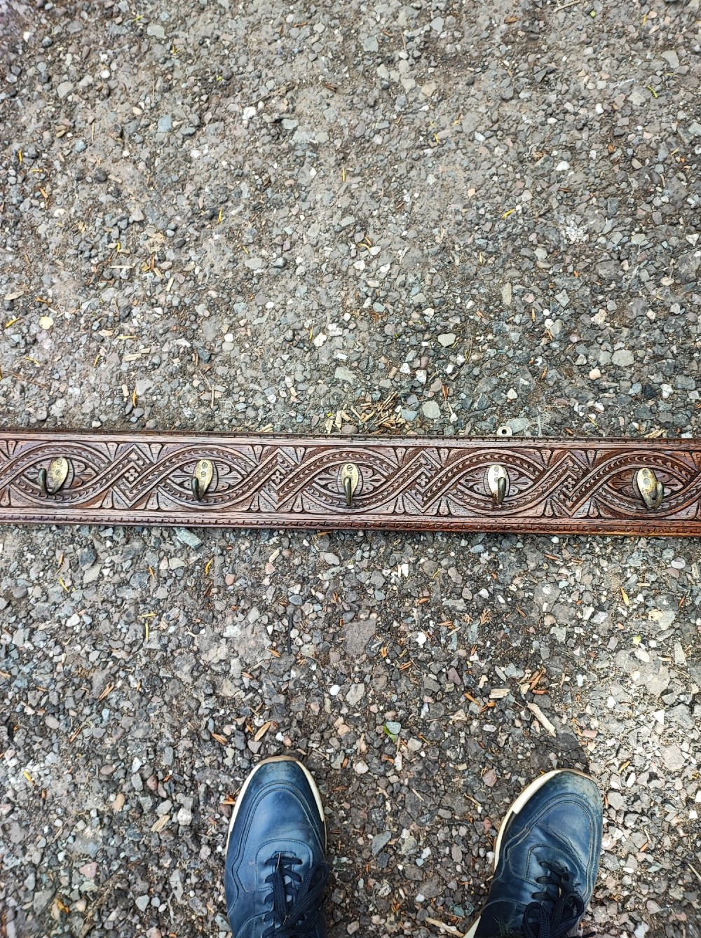 Antique long carved oak coat rack View VI