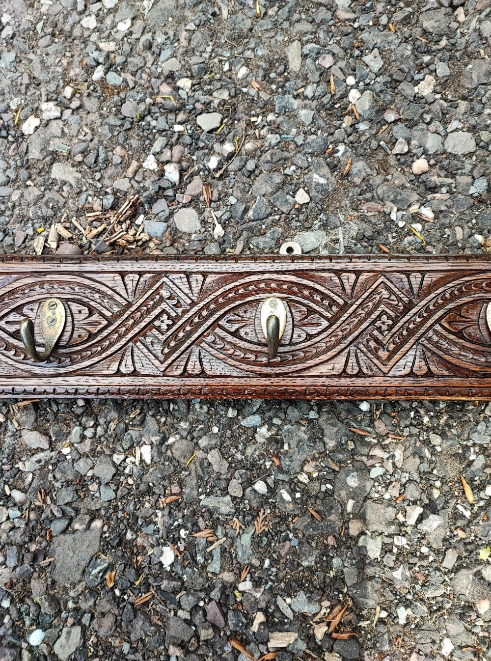 Antique long carved oak coat rack View VIII