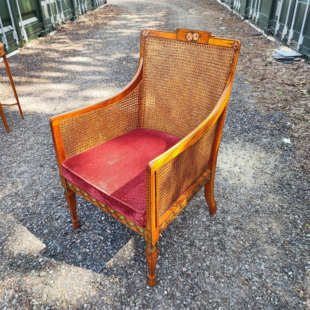 Antique superb painted solid satin wood painted bergere chair stamped by London maker