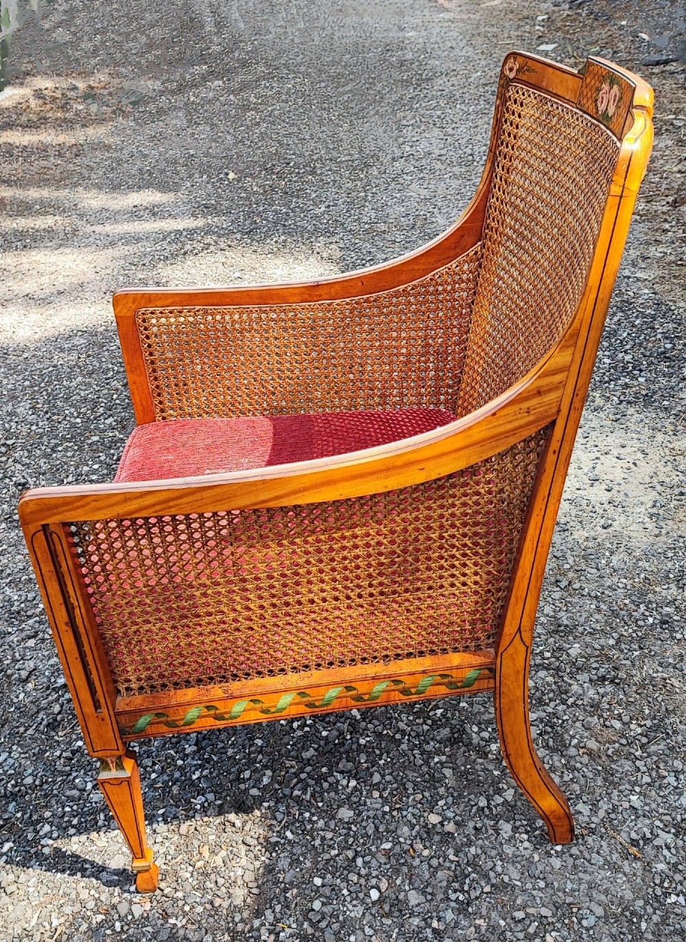 Antique superb painted solid satin wood painted bergere chair stamped by London maker View II