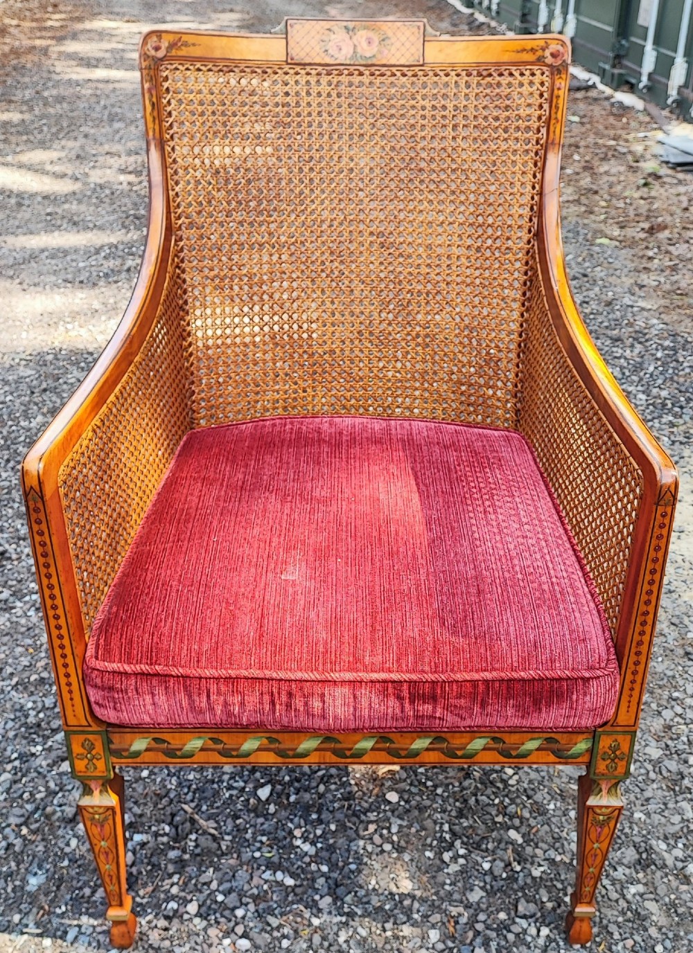 Antique superb painted solid satin wood painted bergere chair stamped by London maker View IV