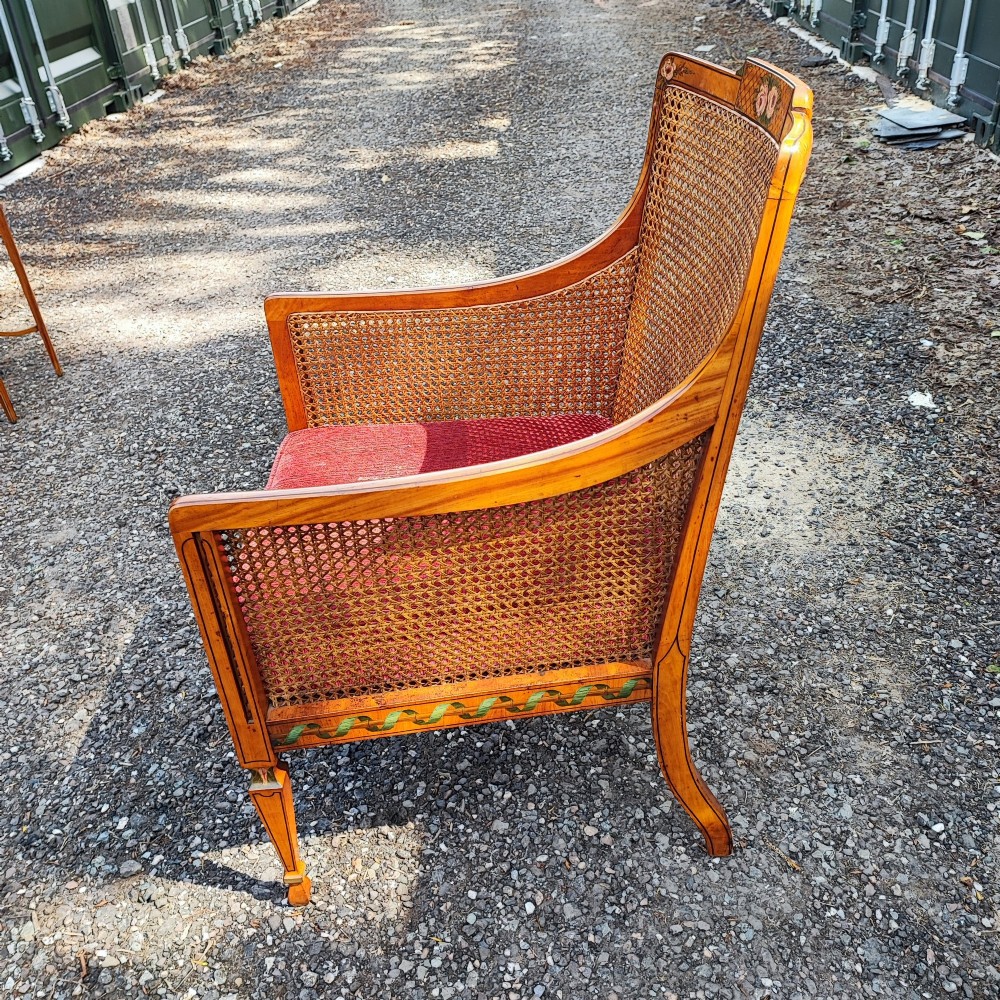 Antique superb painted solid satin wood painted bergere chair stamped by London maker View V