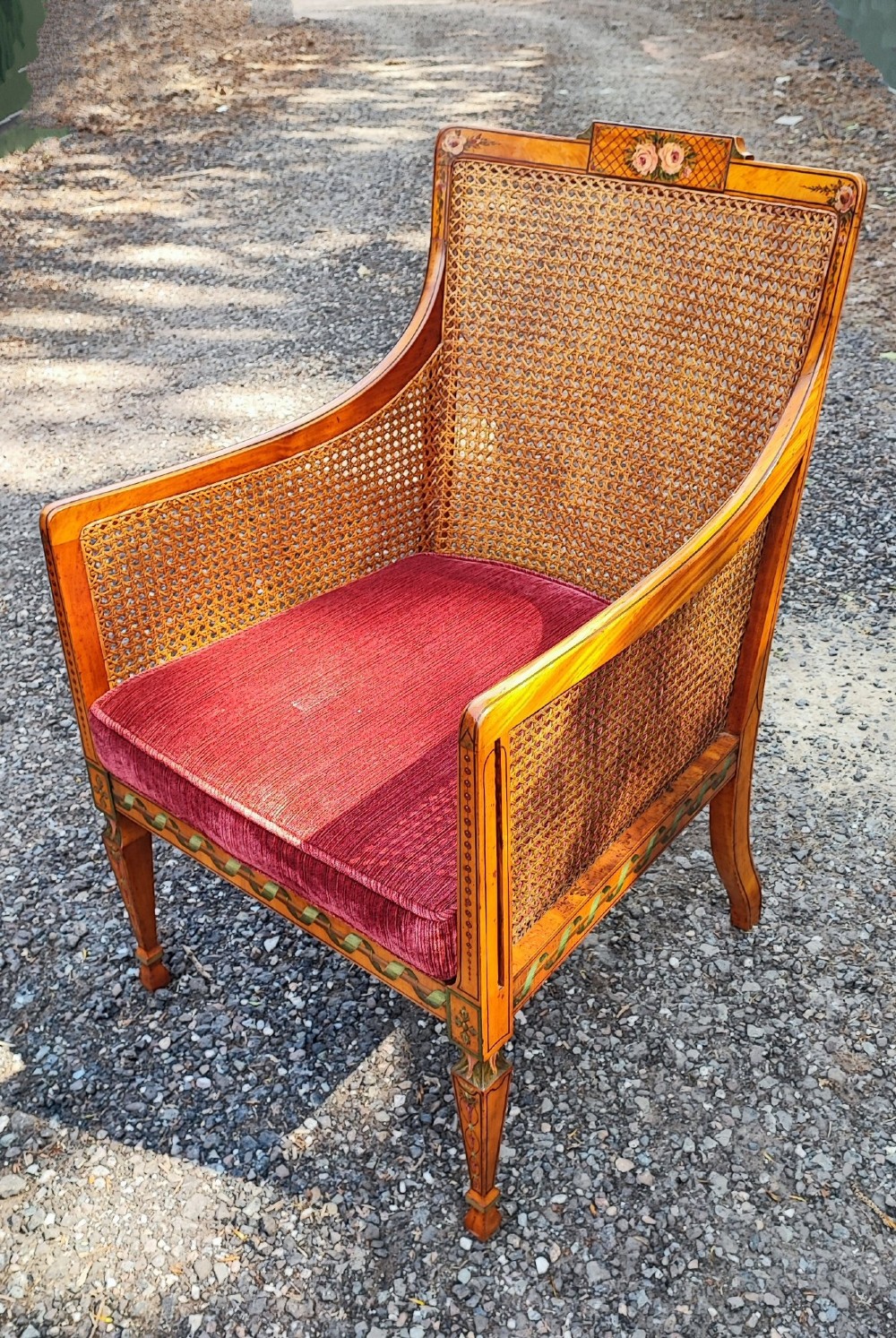 Antique superb painted solid satin wood painted bergere chair stamped by London maker View VI