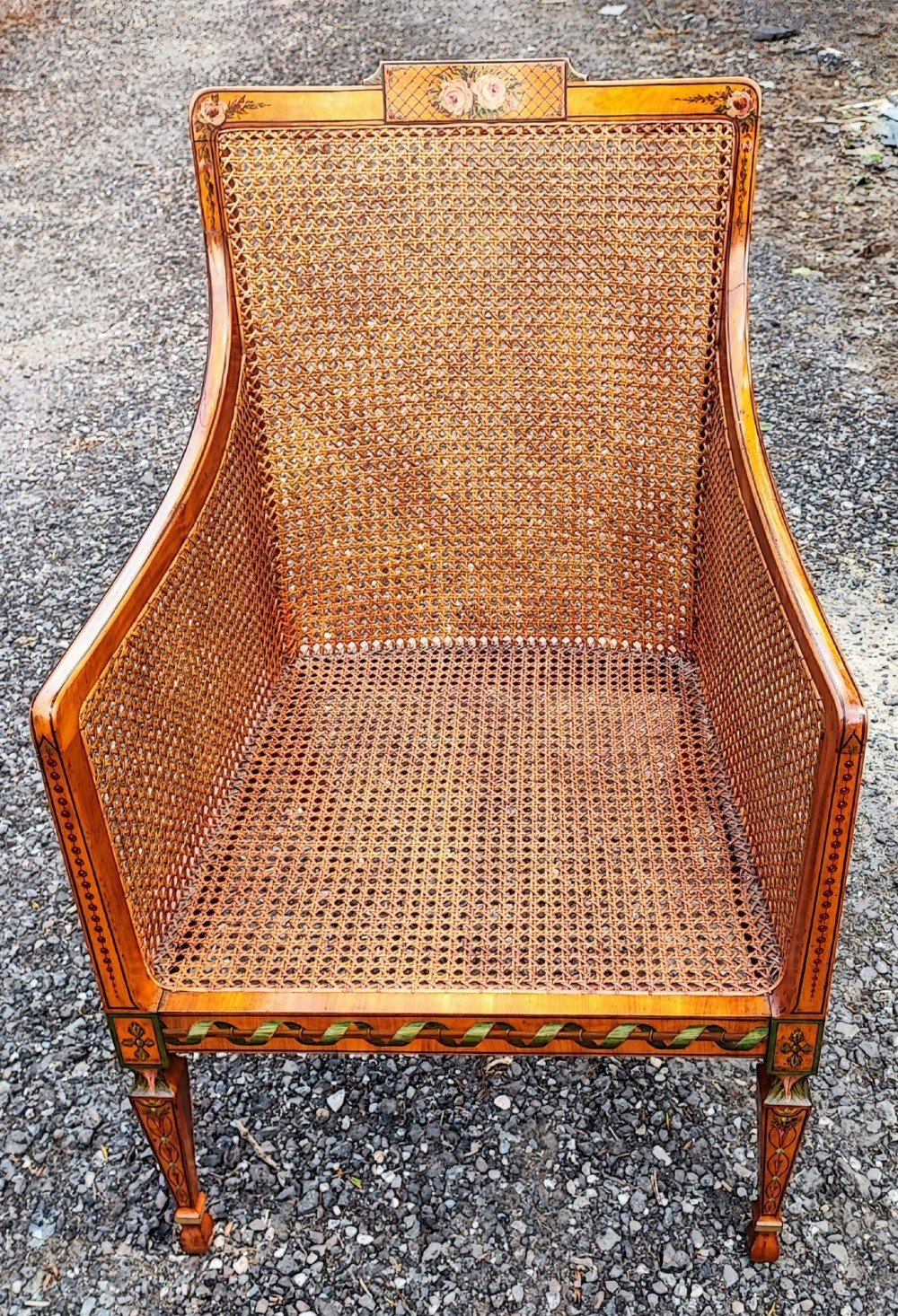 Antique superb painted solid satin wood painted bergere chair stamped by London maker View VIII