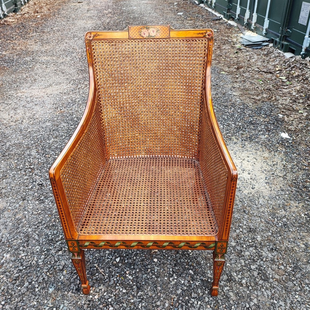 Antique superb painted solid satin wood painted bergere chair stamped by London maker View XI