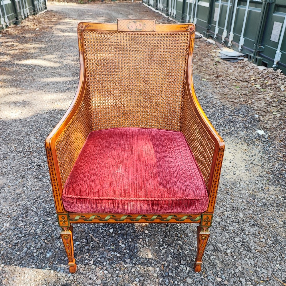 Antique superb painted solid satin wood painted bergere chair stamped by London maker View XII