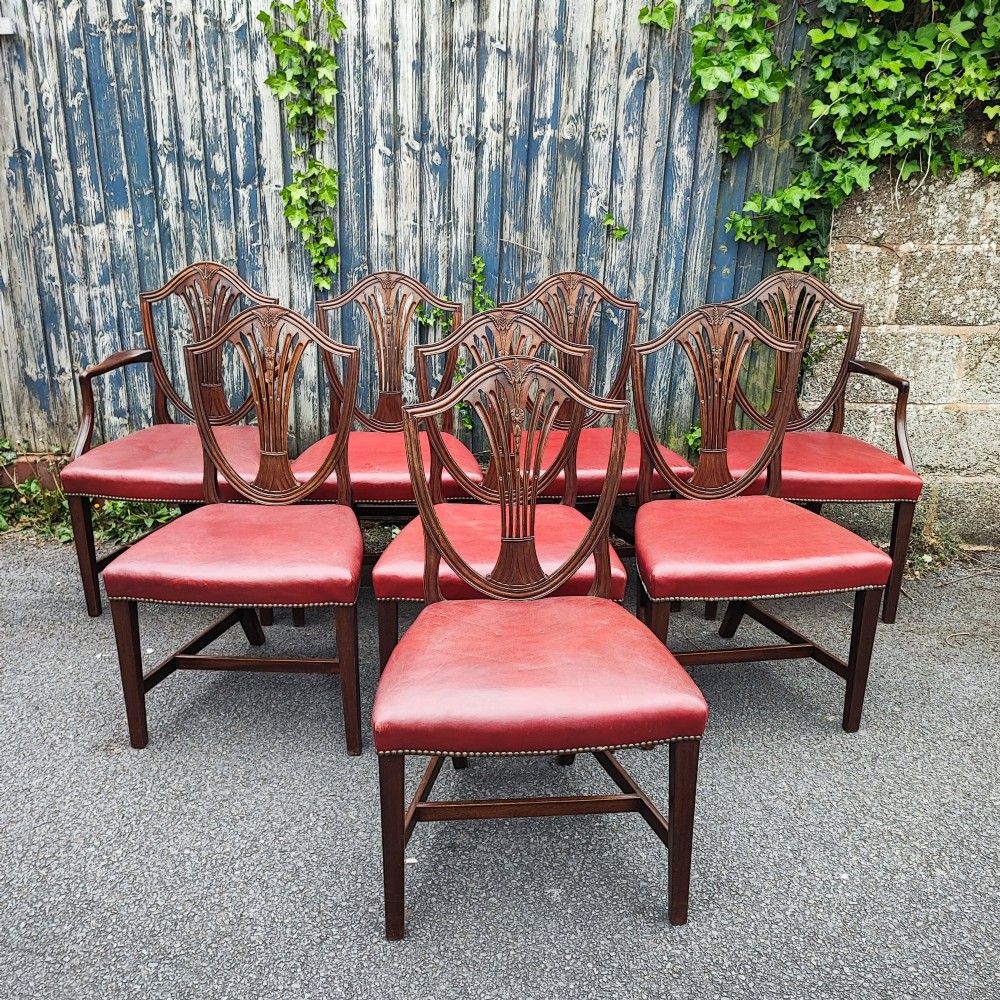 A set of eight mahogany Georgian-style dining chairs featuring carved wheat sheaf shield backs and red leather seats. View VII