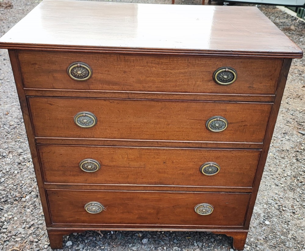 An antique Regency mahogany chest of drawers featuring four full-width drawers with brass oval handles and bracket feet.