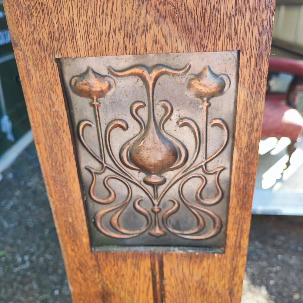 Antique  golden oak arts and crafts open bookcase with copper side panels View II