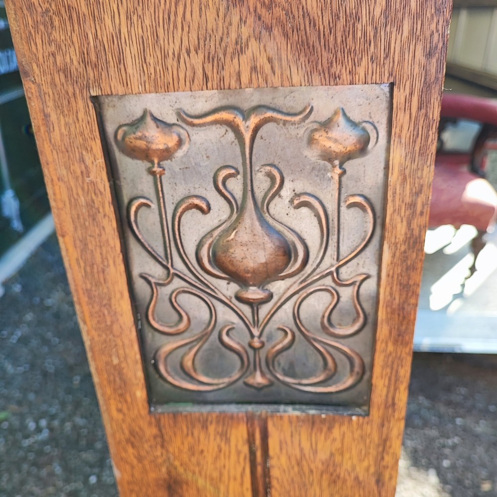 Antique  golden oak arts and crafts open bookcase with copper side panels View IV