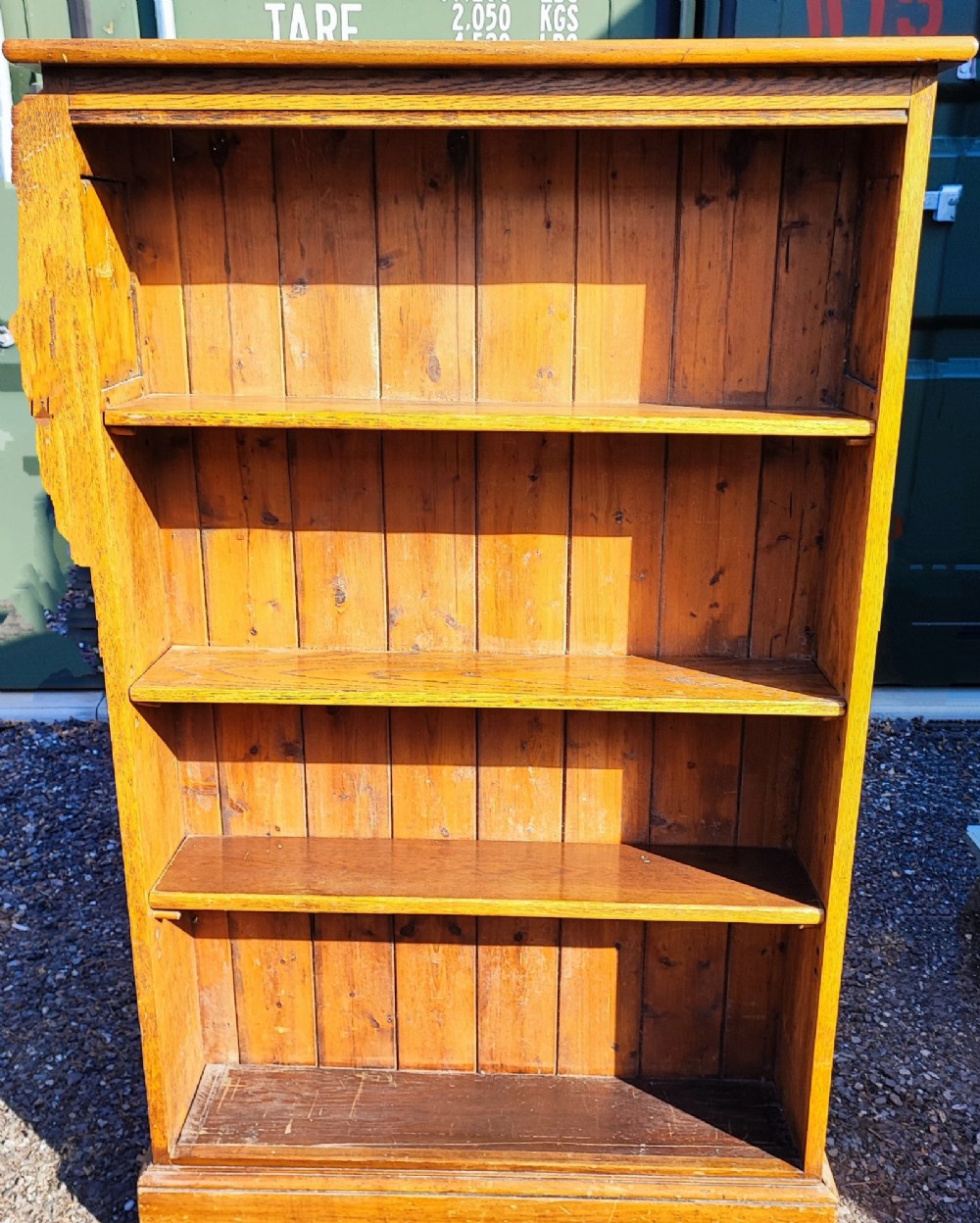 Antique  golden oak arts and crafts open bookcase with copper side panels View V