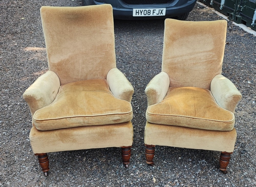 A pair of Victorian armchairs upholstered in gold velvet fabric featuring high backrests and turned walnut front legs on brass castors.