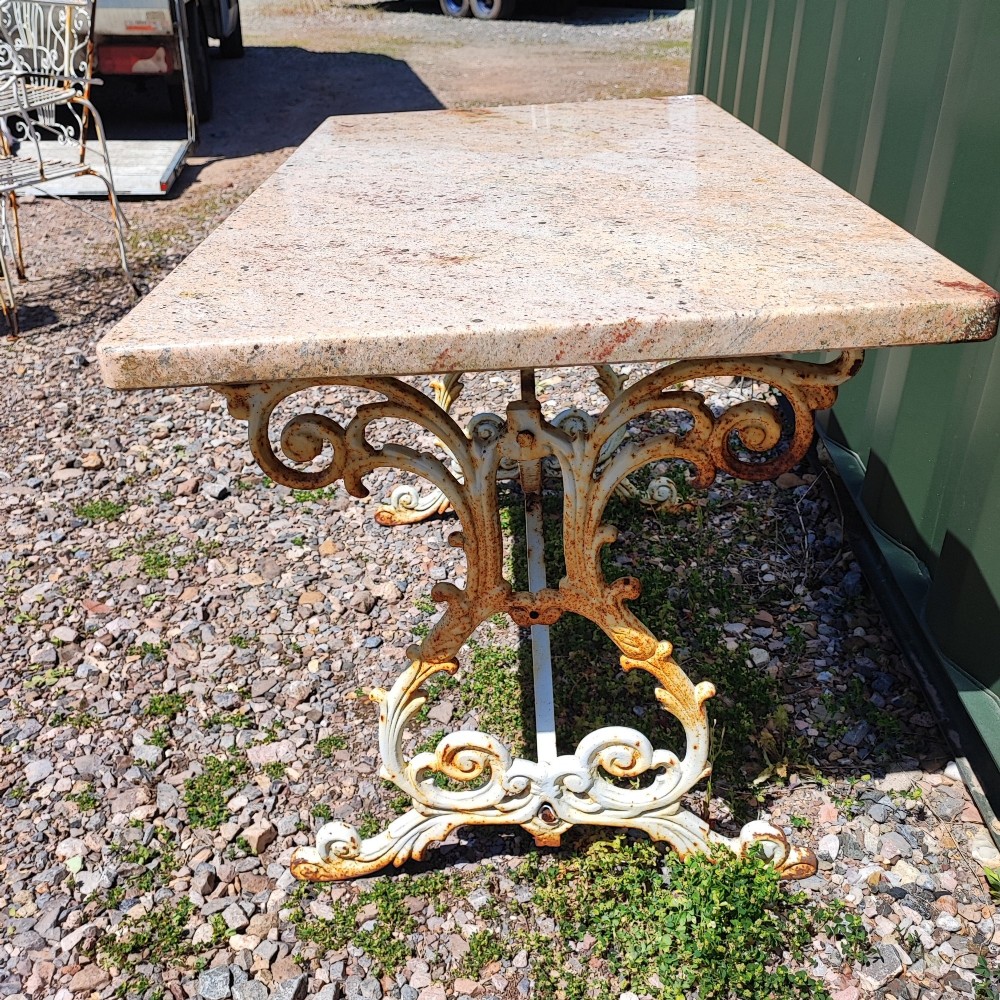 Edwardian cast iron and marble garden or conservatory table View II