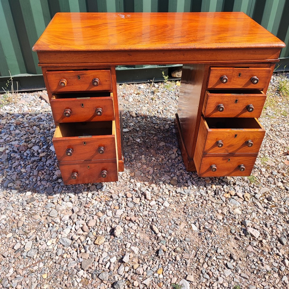 An antique mahogany pedestal desk featuring eight drawers with turned wooden knobs and a polished rectangular top surface. View V