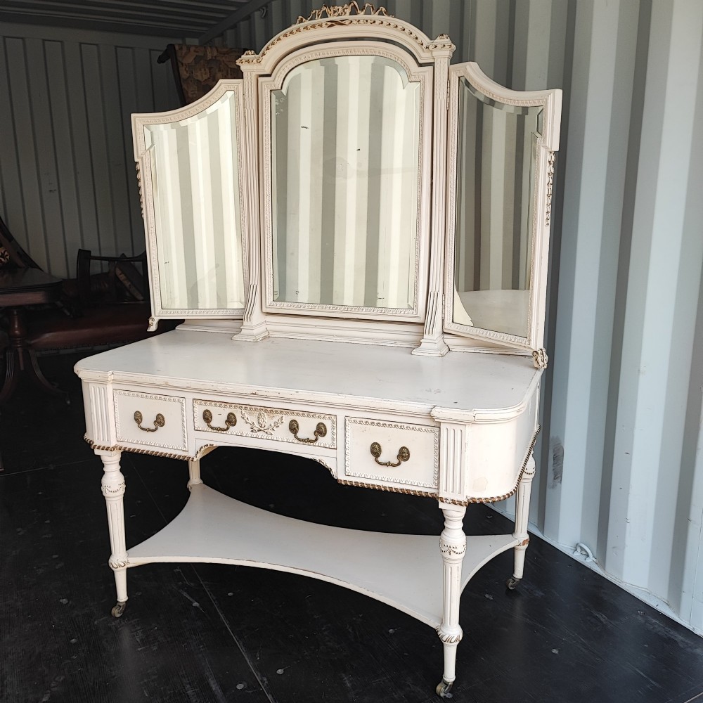 Superb original paint maples of London and Paris triple mirror dressing table