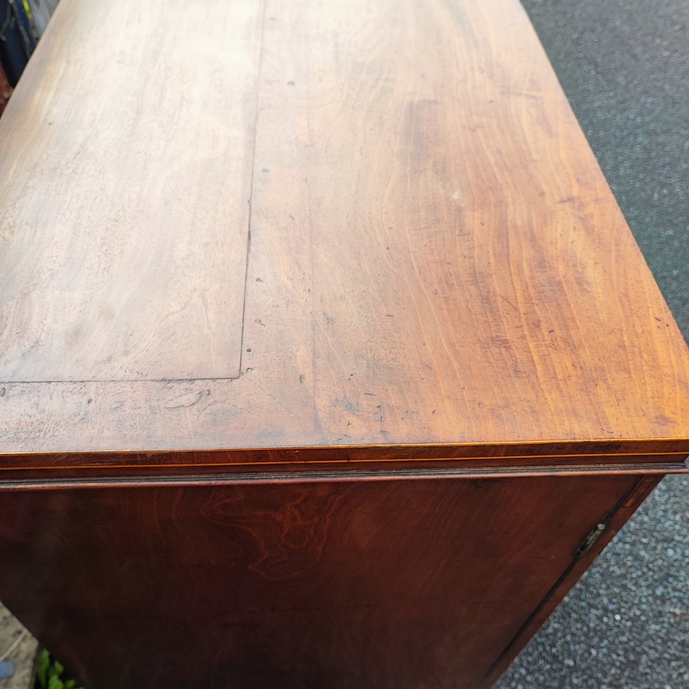 An antique dark mahogany two-door storage cupboard with decorative oval inlay panels set on a solid plinth base. View V
