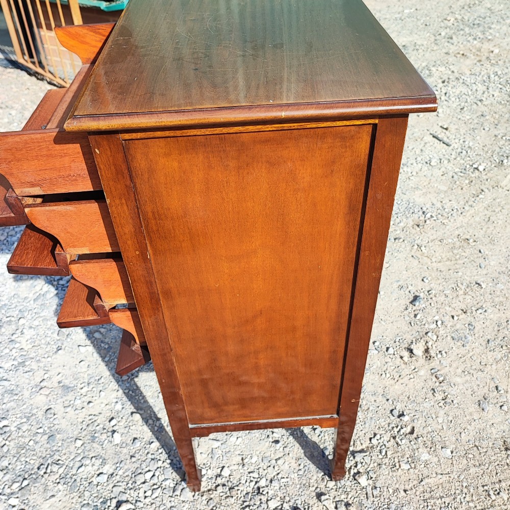 A tall Edwardian mahogany music cabinet with six drawers featuring satinwood string inlay and brass handles. View II